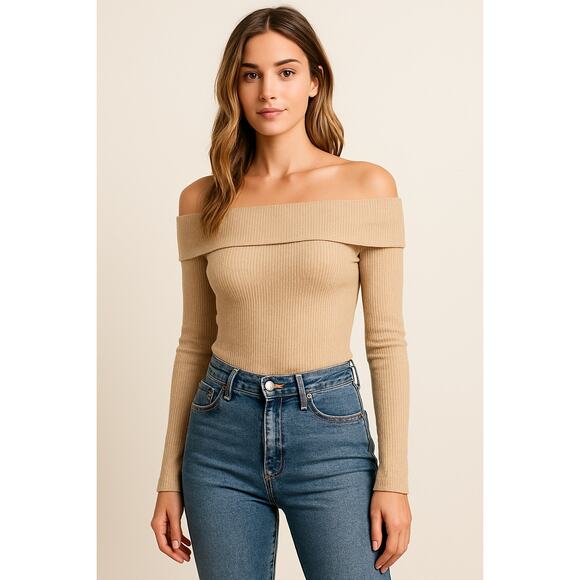 Lovers + Friends Sweaters - NWT Lovers + Friends Beige Off-Shoulder Ribbed Knit Long Sleeve Top Women  Small